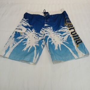 Corona Tropical Palm Tree Blue and White Board Shorts Men's Large